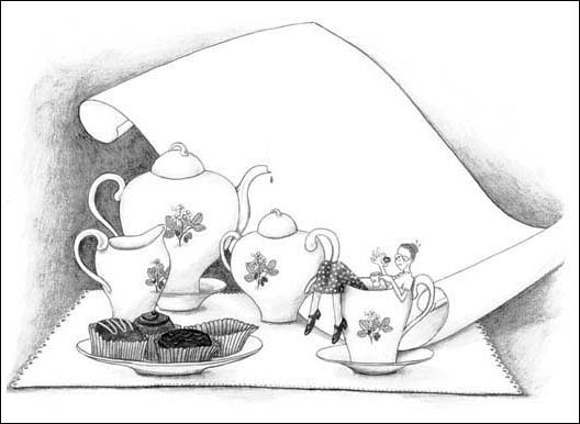 woman sitting in teacup with tea service