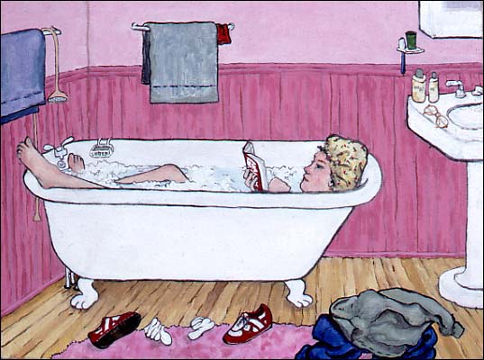 Woman reading in bathtub
